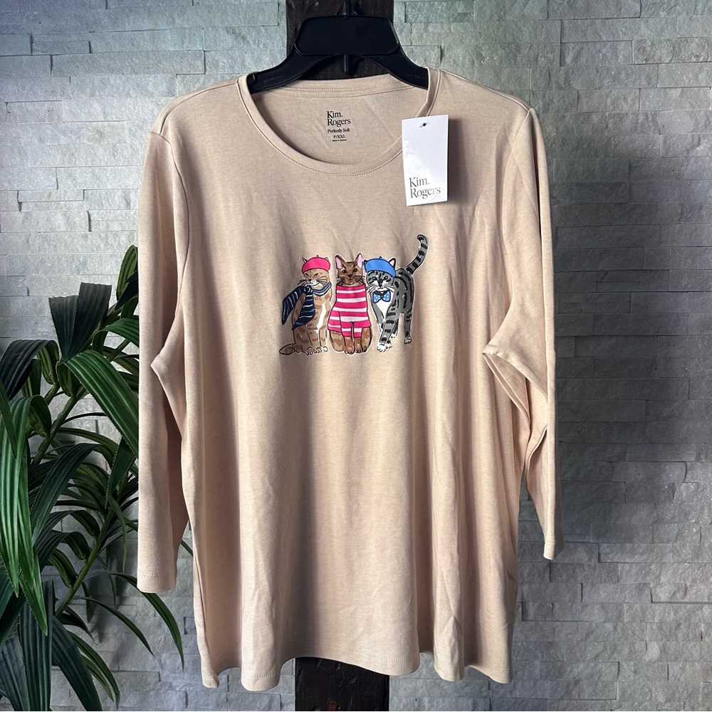 Kim Rogers Tan Chic Stripe French Fancy Cat Print Top Size XXL Petite NWT